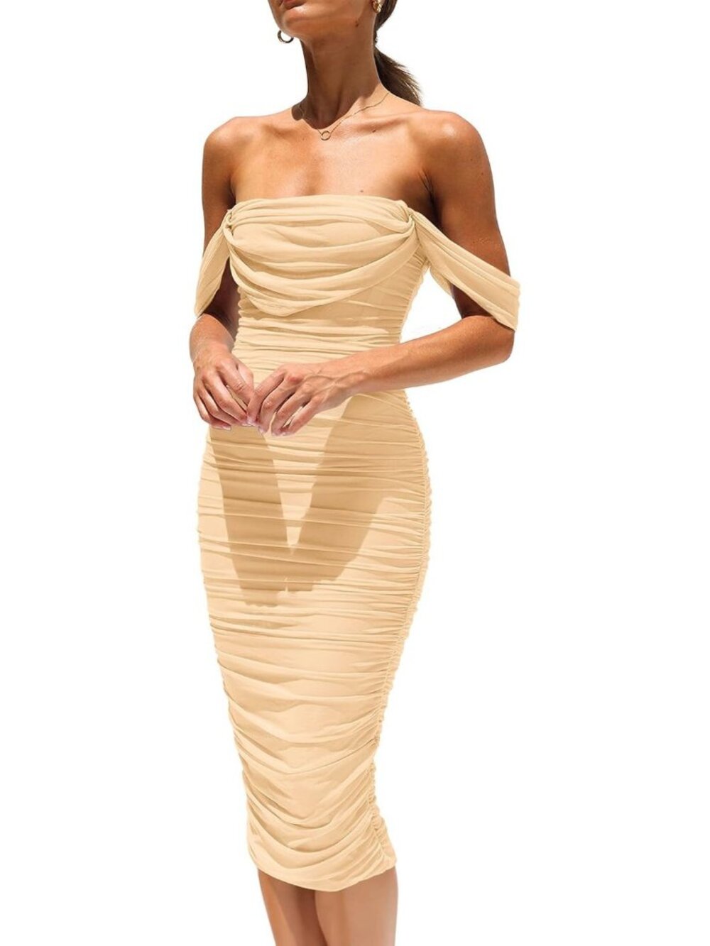 Women's Apricot Off Shoulder Bodycon Tube Midi Dress Stretchy Mesh Party Outfits